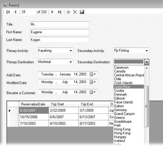 Editing the navigation properties with pick lists