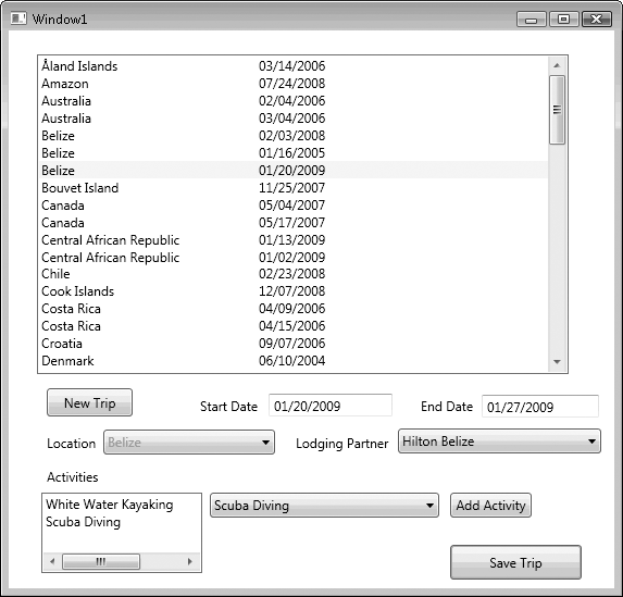 The WPF form for managing BreakAway’s Trips catalog