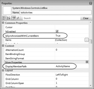 A modified view of the ListBox control’s Properties window showing some of the properties that you can modify