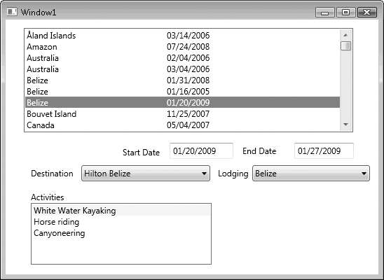 The WPF form with the Activities ListBox displaying an EntityCollection