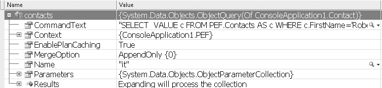 An ObjectQuery called contacts in the debugger, showing the various properties of ObjectQuery