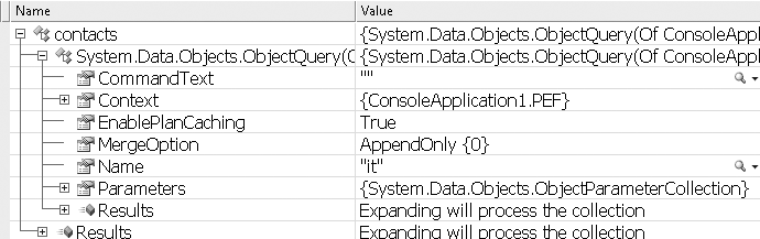 A LINQ to Entities query in the debugger, showing that the LINQ to Entities query contains an ObjectQuery