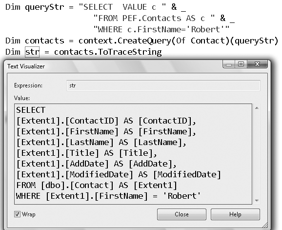 Viewing the native command that will be generated from an ObjectQuery using the ToTraceString method while debugging