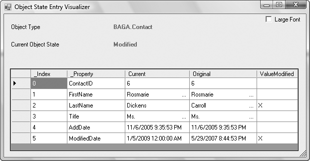 The same viewer shown in Figure 9-9, but presenting the changes made to the entity as defined in its ObjectStateEntry