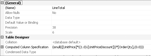 The LineTotal column, a computed column in the AdventureWorksLT SalesOrderDetail table