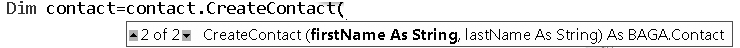 The new CreateContact overload as shown by IntelliSense