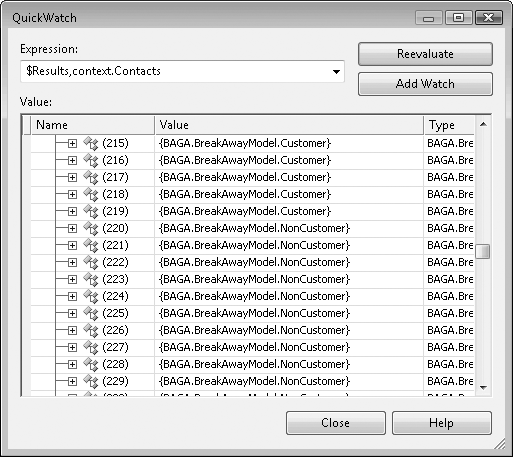 A query on the abstract type, Contact, showing all of the derived types included in the result