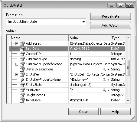 Inspecting the queried Customer in one of the QuickWatch windows