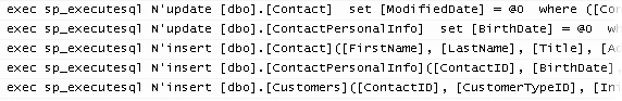 A screenshot from SQL Profiler showing the commands that are executed when editing a Customer and when adding a new Customer