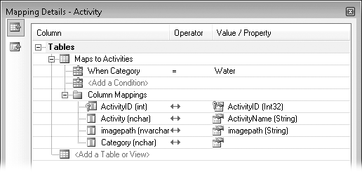 Adding a conditional mapping to the Activity entry indicating that only rows whose Category value is equal to Water should be returned when querying against this entity