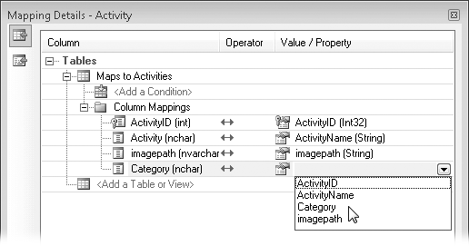 Mapping the Category field of the Activities table to the Category property