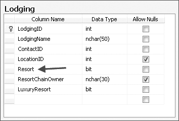 The Resort column of the Lodging table, which suggests a new inherited type, Resort