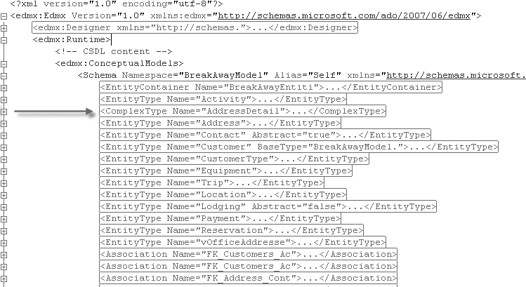 The ComplexType element positioned as a sibling of the EntityTypes