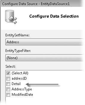 The complex type surfaced by the EntityDataSource