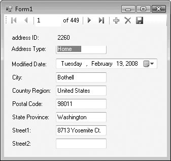 The AddressDetails complex type being used with a data source in a Windows form