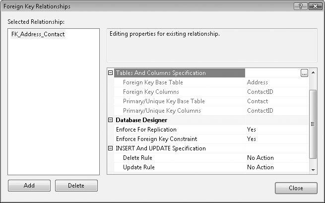 SQL Server Management Studio’s property editor for defining a relationship between tables