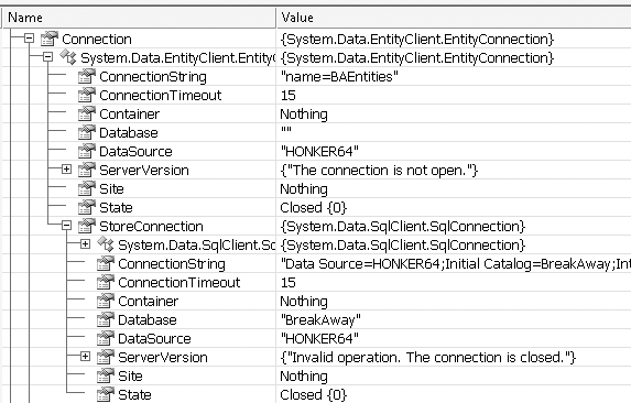 The EntityConnection object with no properties for the metadata or provider namespace attributes