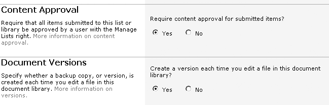 Changing the library’s general settings to require approval and keep version history