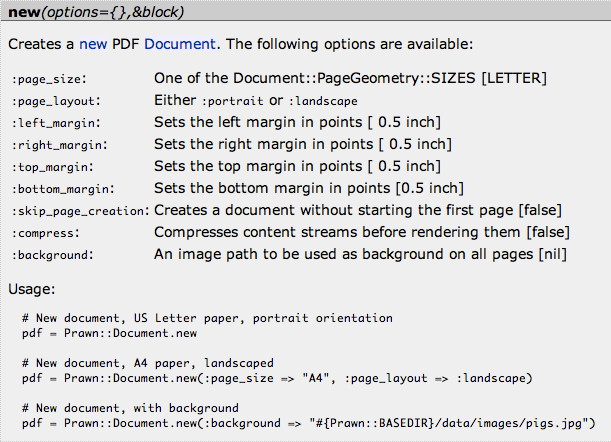 Sample API documentation of a method from Prawn