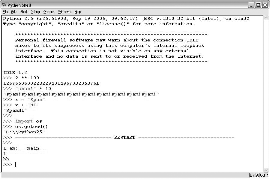 The main Python shell window of the IDLE development GUI, shown here running on Windows. Use the File menu to begin (New Window), or change (Open ... ) a source file; use the file edit window’s Run menu to run the code in that window (Run Module).