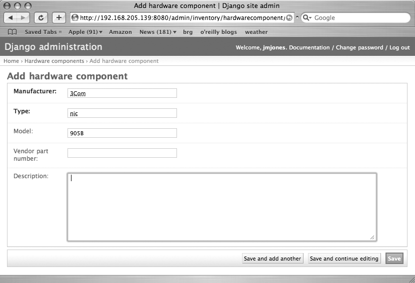 Django admin add hardware component