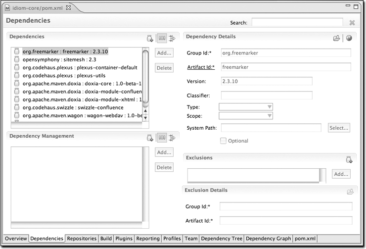 Dependencies tab of the POM editor