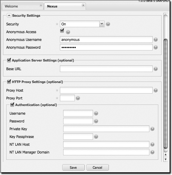 Nexus server configuration (security, app server, and HTTP proxy config)