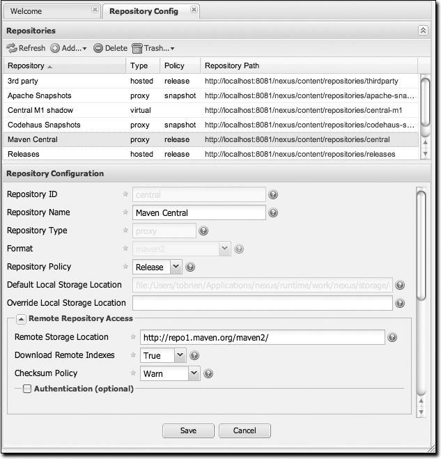 Repository configuration screen for a proxy repository