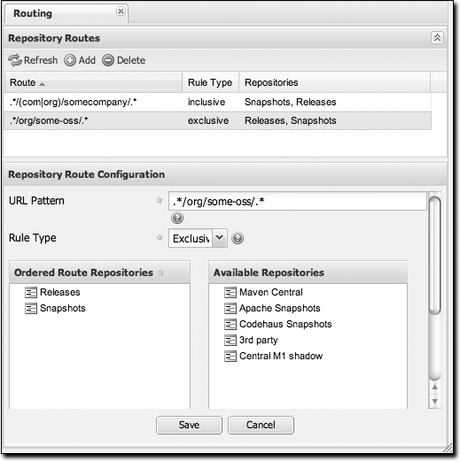 Routes configuration screen in Nexus