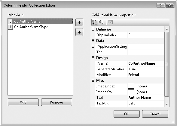 The ColumnHeader editor for a ListView control