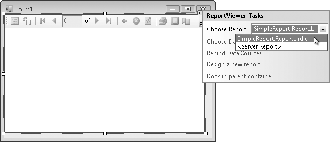 The MicrosoftReportViewer control on the form surface