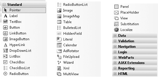 Some of the Web Forms toolbox