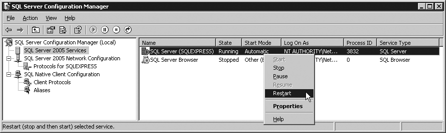Restarting SQL Server 2005 Express