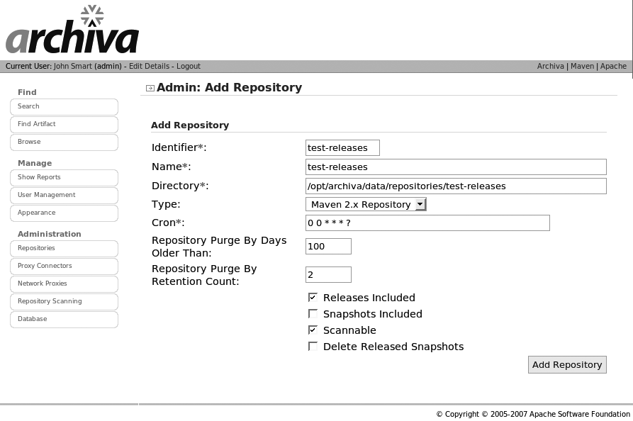 Adding a new repository in Archiva