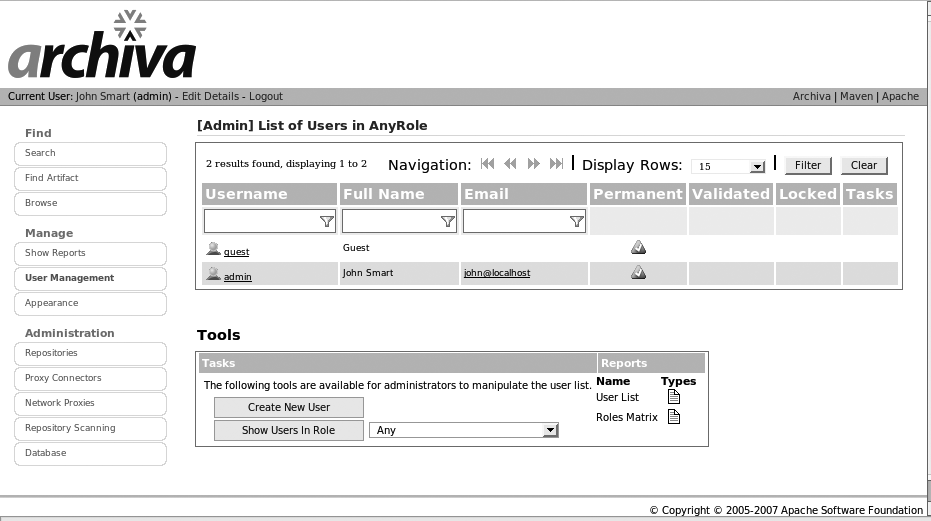 Managing users in Archiva