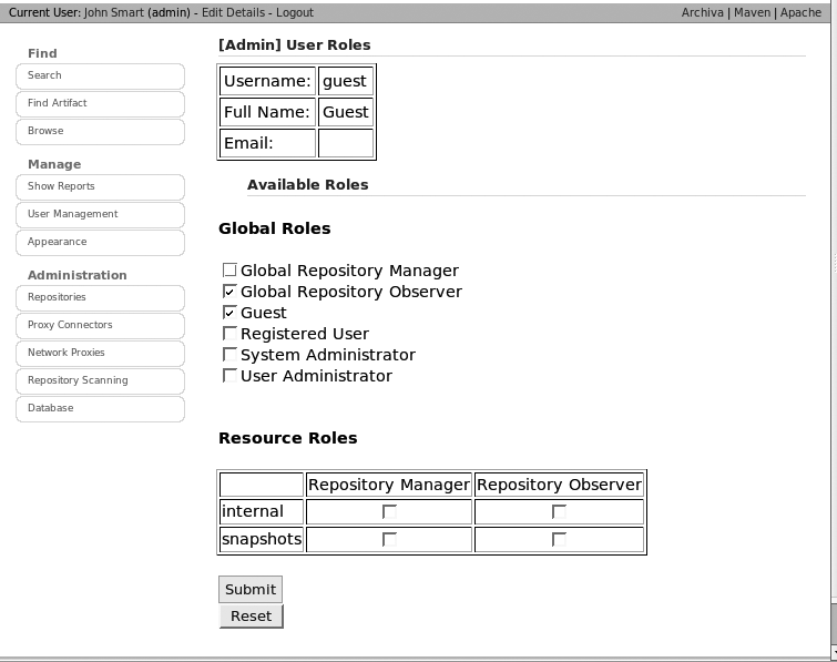 Managing user roles in Archiva