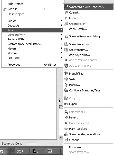 The Team menu for a Subversion project