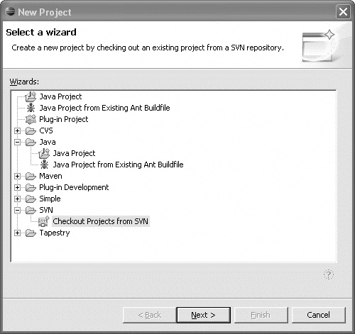 Creating a new project in Eclipse from a Subversion repository