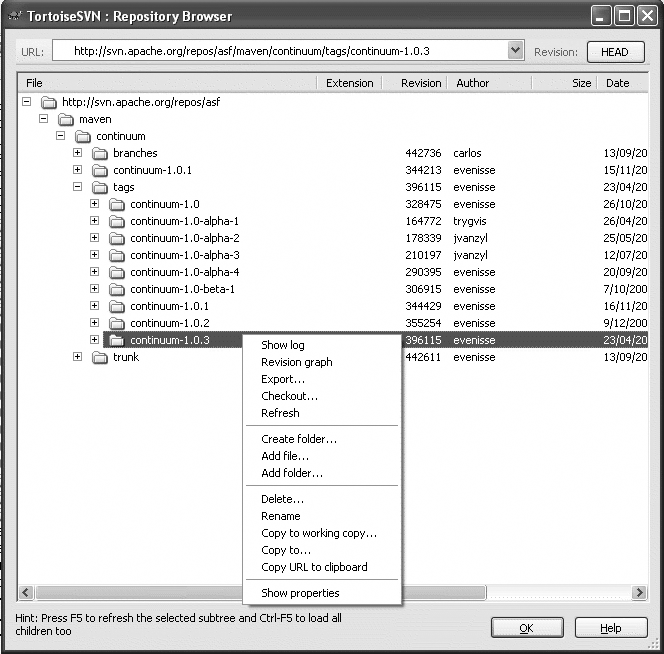 The TortoiseSVN Repository Browser