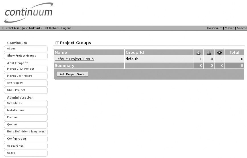 The Continuum administration home page