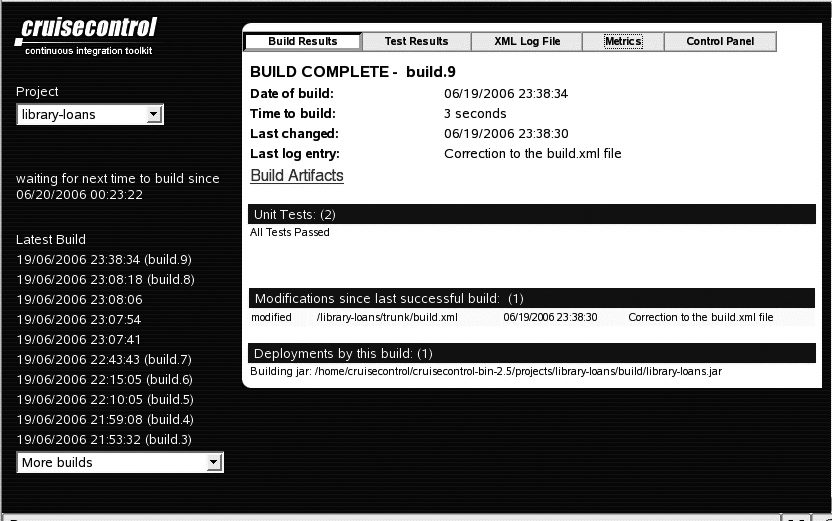 Build results for a project are displayed on the CruiseControl web site