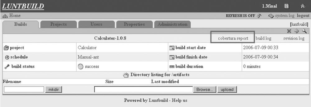 Build results screen showing the link to the Cobertura reports in the red box