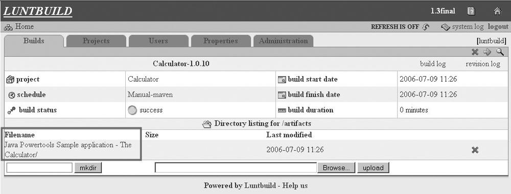 The build results view, where the red box shows you the uploaded artifact created with Maven and copied with the new plug-in