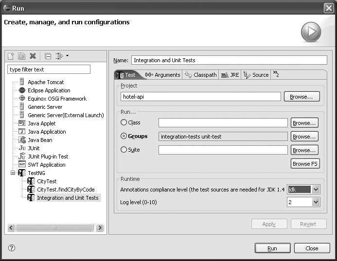 Setting up a TestNG Run Configuration