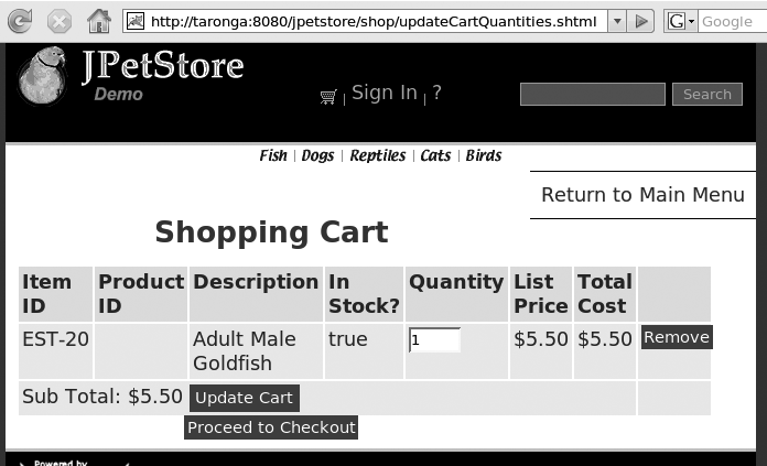 The Shopping Cart screen