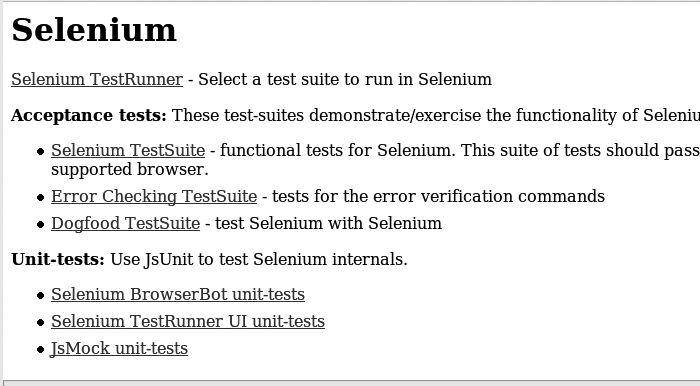 The Selenium Core application home page