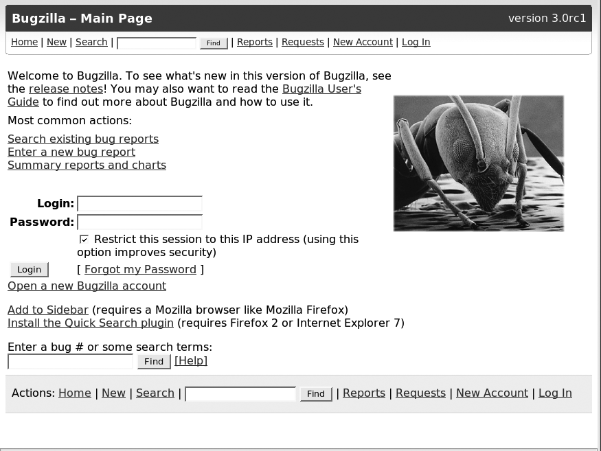 The default Bugzilla main page
