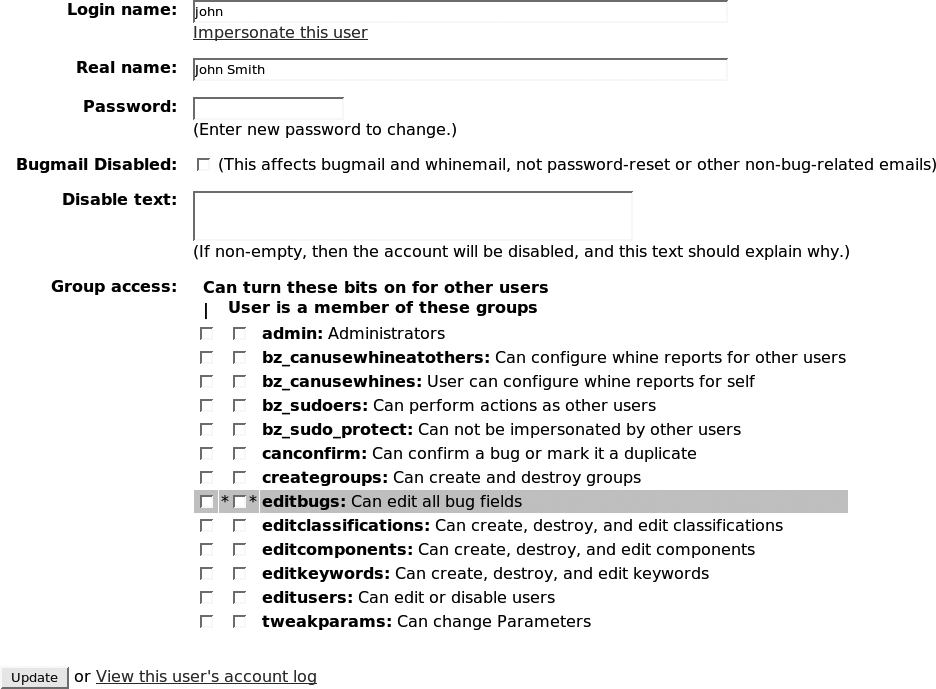 Managing user account details in Bugzilla