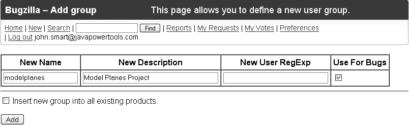 Adding a new user group in Bugzilla