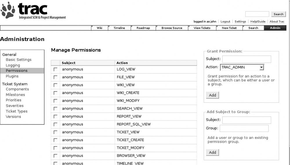 The Trac Web Administration console